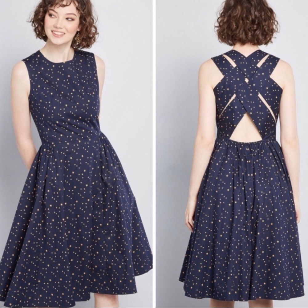 Star Printed Fit and Flare Cross Back Dress